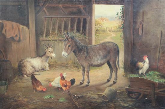 Alfred Hunt Donkey, goat and chickens in a barn, 20 x 30in.